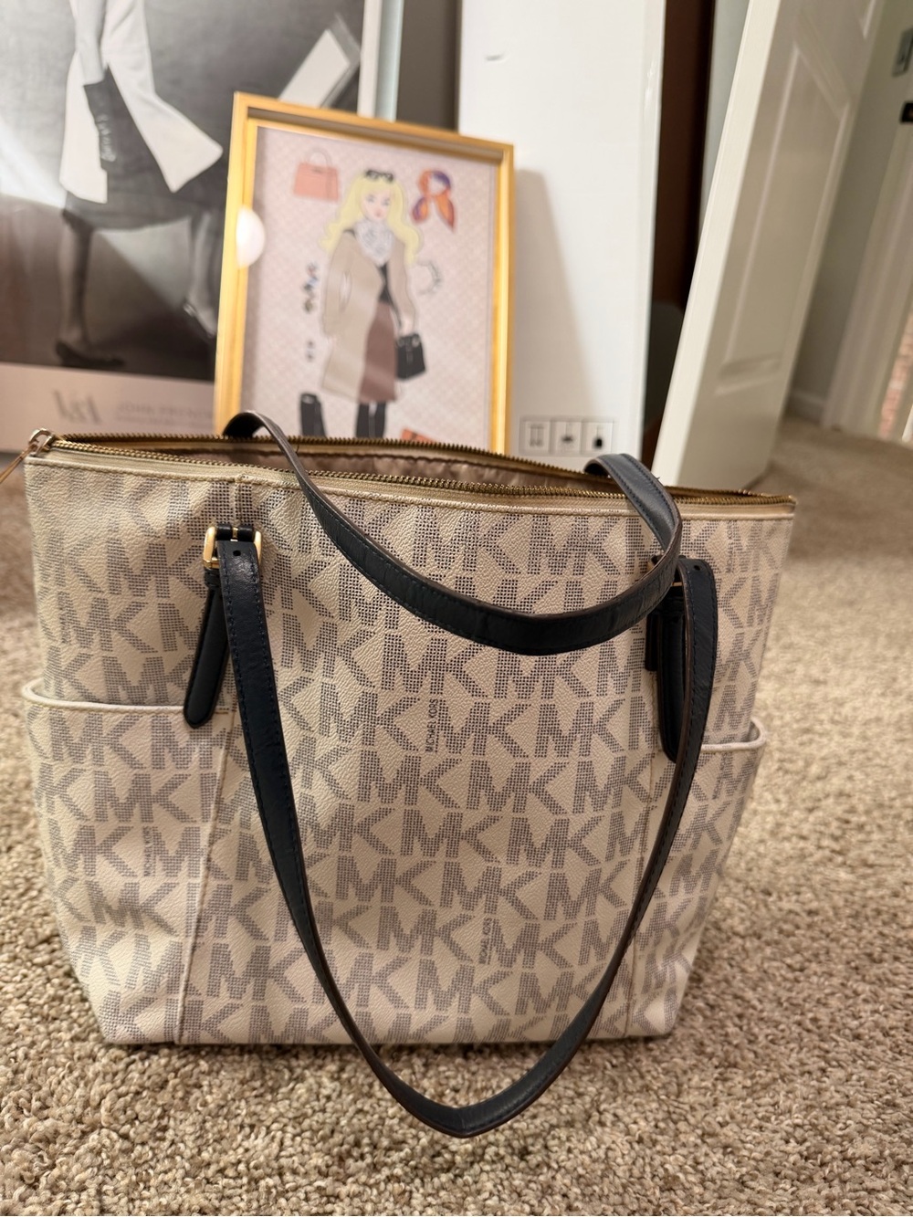 Michael Kors Beige MK Logo Tote with Black Handles